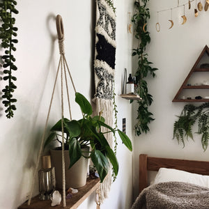 plants bohemian modern home decor wood shelf macrame wall hanging triangle moon phases