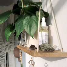 Load image into Gallery viewer, wood macrame wall shelf with plants apothecary crystals home decor wall decor macrame