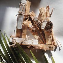 Load image into Gallery viewer, wire wrapped palo santo crystal bundle palm leaf bohemian minimalist gemstones points