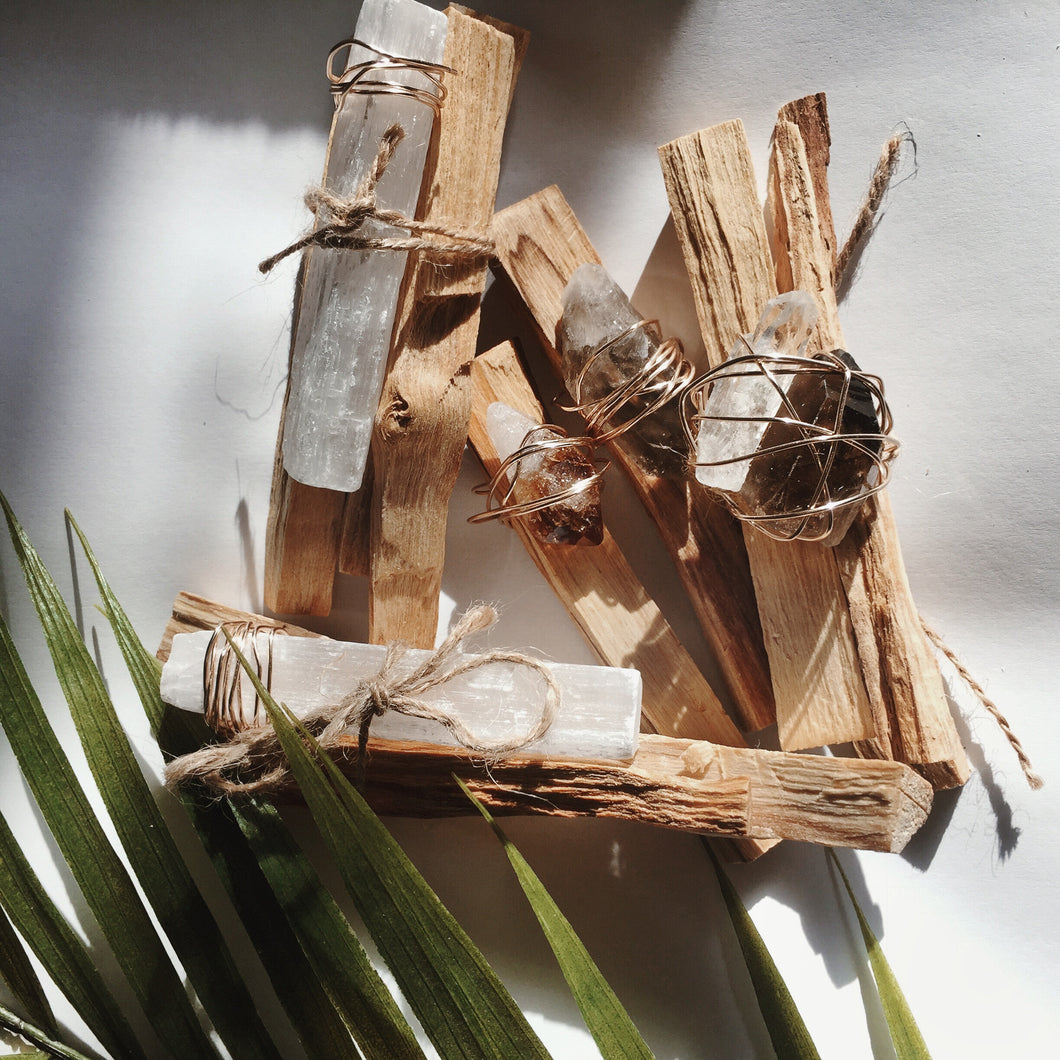 wire wrapped palo santo crystal bundle palm leaf bohemian minimalist gemstones points